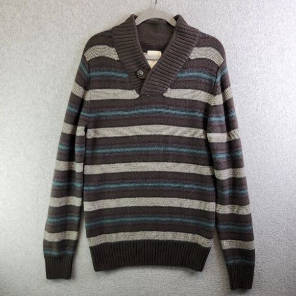 Fossil Sweater Mens M Brown Striped Shawl Collar Pullover Ribbed Knit Grandpa - Picture 16 of 16